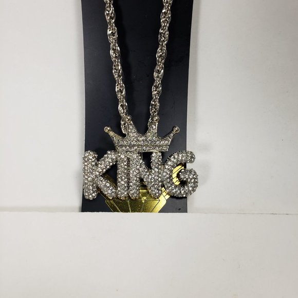 Jewel House Silver tone 30 Inches Chunky Chain Necklace KING Rhinestone Pendant - Picture 8 of 8